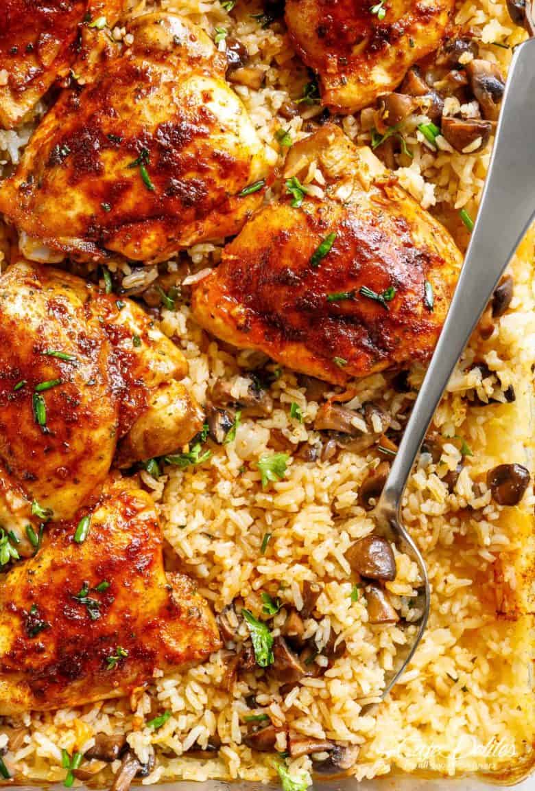 Easy Oven Baked Chicken And Rice With Garlic Butter Mushrooms mixed through is winner of a chicken dinner! | cafedelites.com