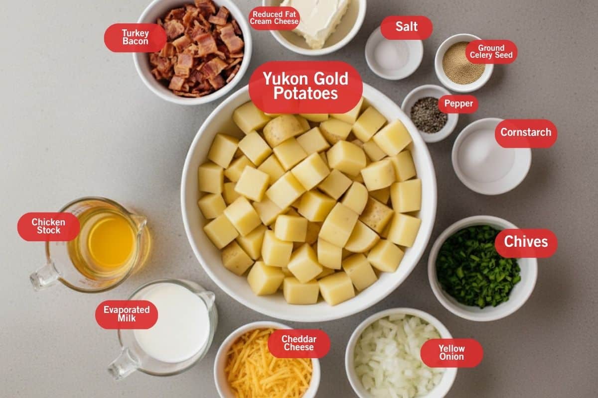 Flat lay photo of ingredient shot of turkey bacon, reduced fat cream cheese, salt, ground celery, pepper, cornstarch, chives, yellow onion, cheddar cheese, evaporated milk, chicken stock, yukon gold potatoes