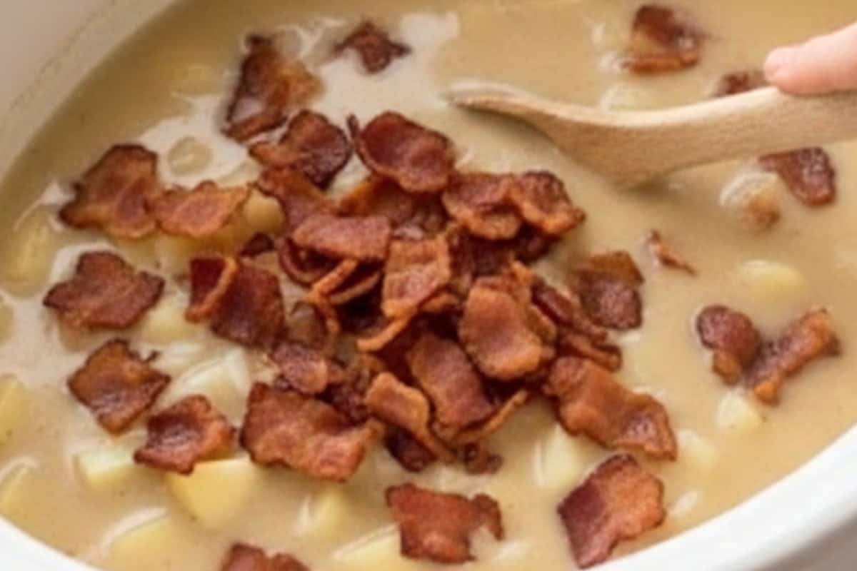 Add the diced turkey bacon, Yukon gold potatoes, onion, and chicken stock to a 4-quart or larger slow cooker, then stir to combine.
