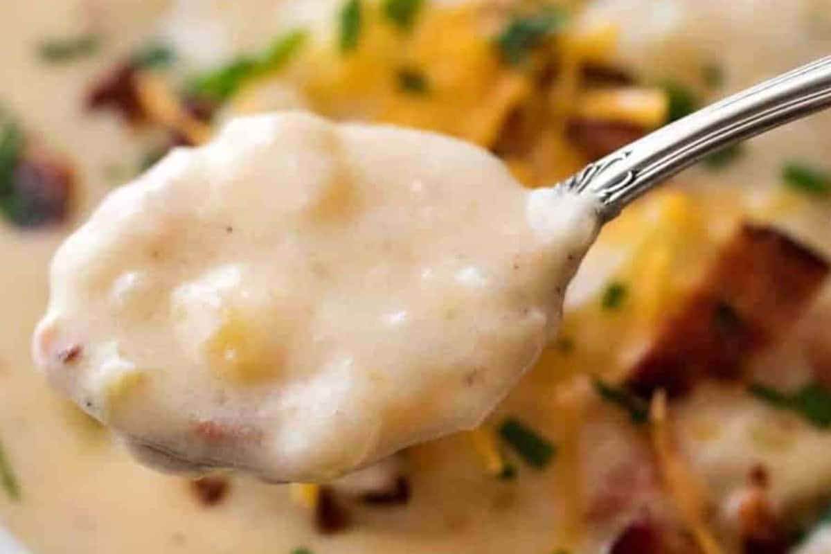 Ladle the potato soup into bowls, top with extra bacon, cheese, and chives.