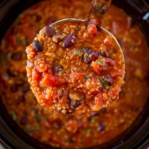 Ladle of Vegetarian Quinoa Chili from the bowl