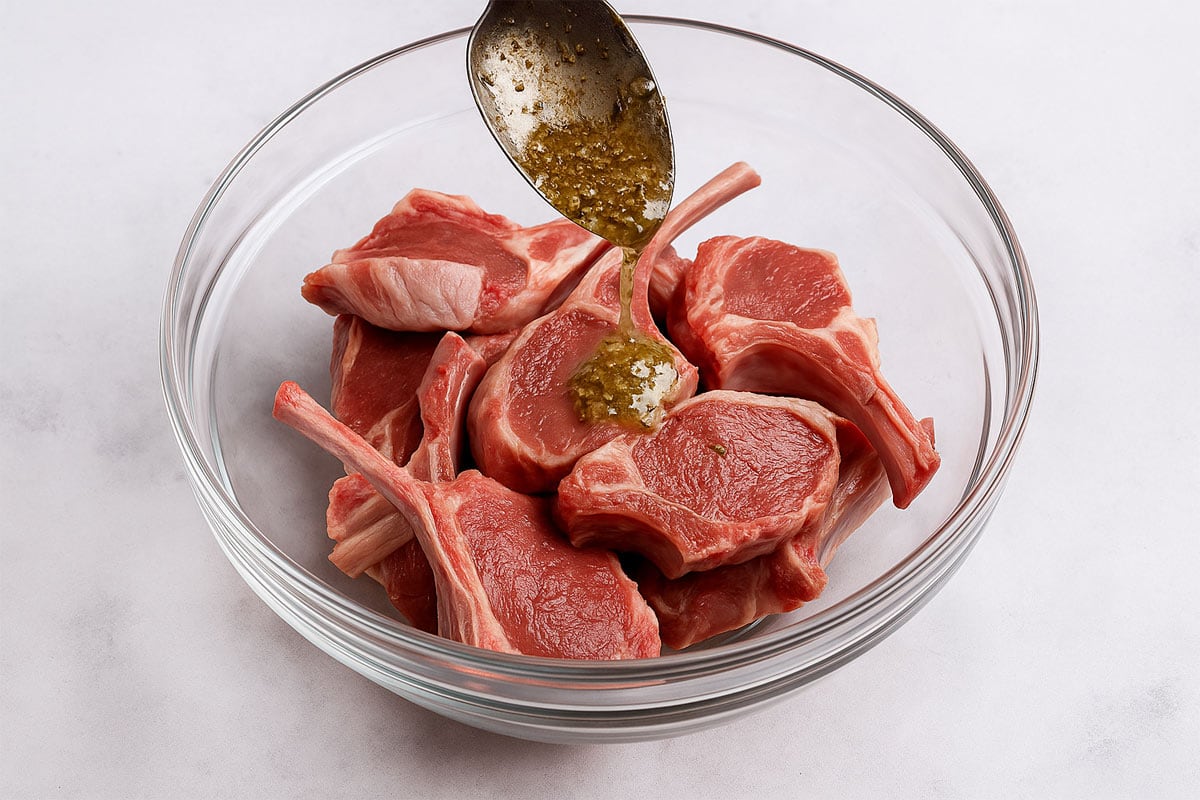 A spoonful of marinade being poured over raw lamb chops in a glass bowl, ready to be coated.