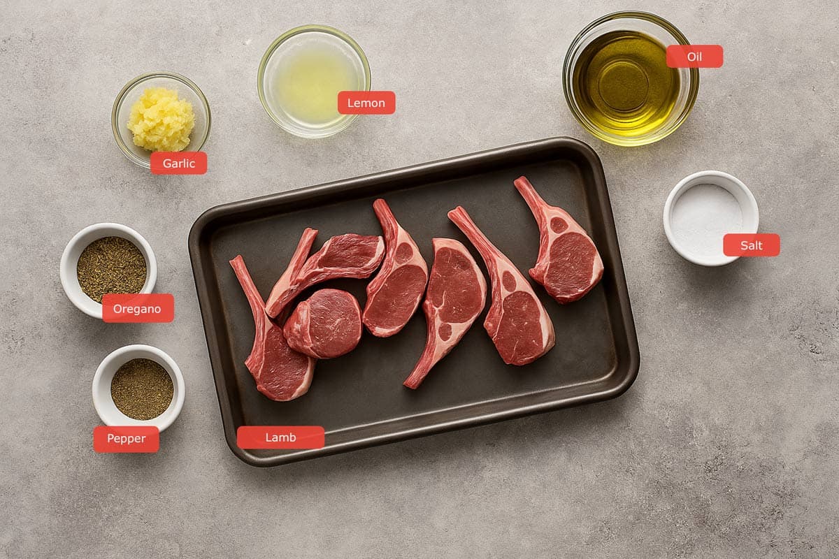 Overhead view of raw lamb chops on a tray surrounded by bowls of ingredients in a light stone background.