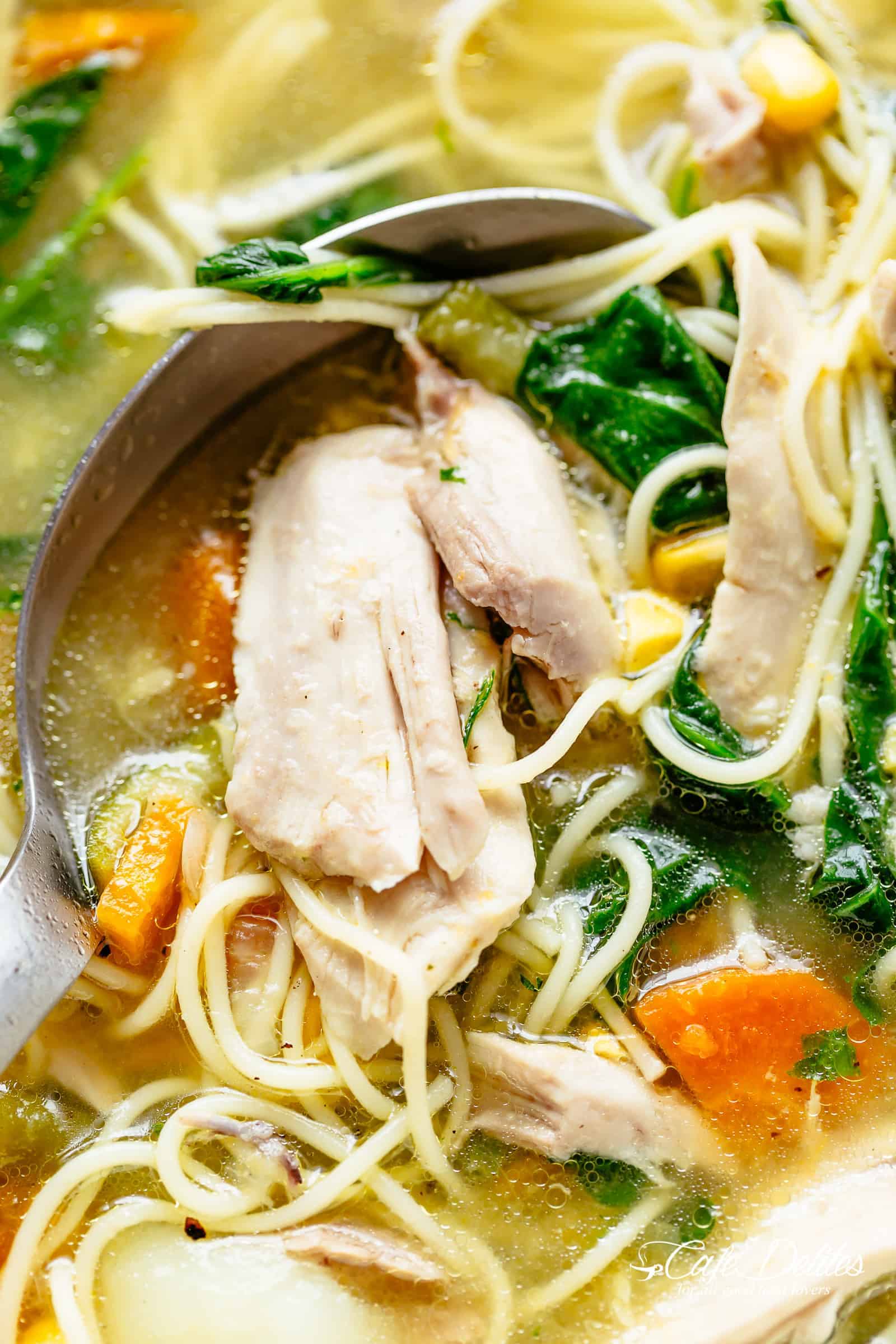 Homemade Chicken Noodle Soup is perfect for any day of the week with the broth AND the soup made from scratch in under 45 minutes. | cafedelites.com