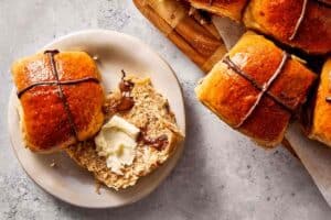 chocolate hot cross buns served warm