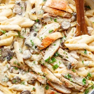 Creamy Garlic Parmesan Chicken Alfredo with wooden spoon