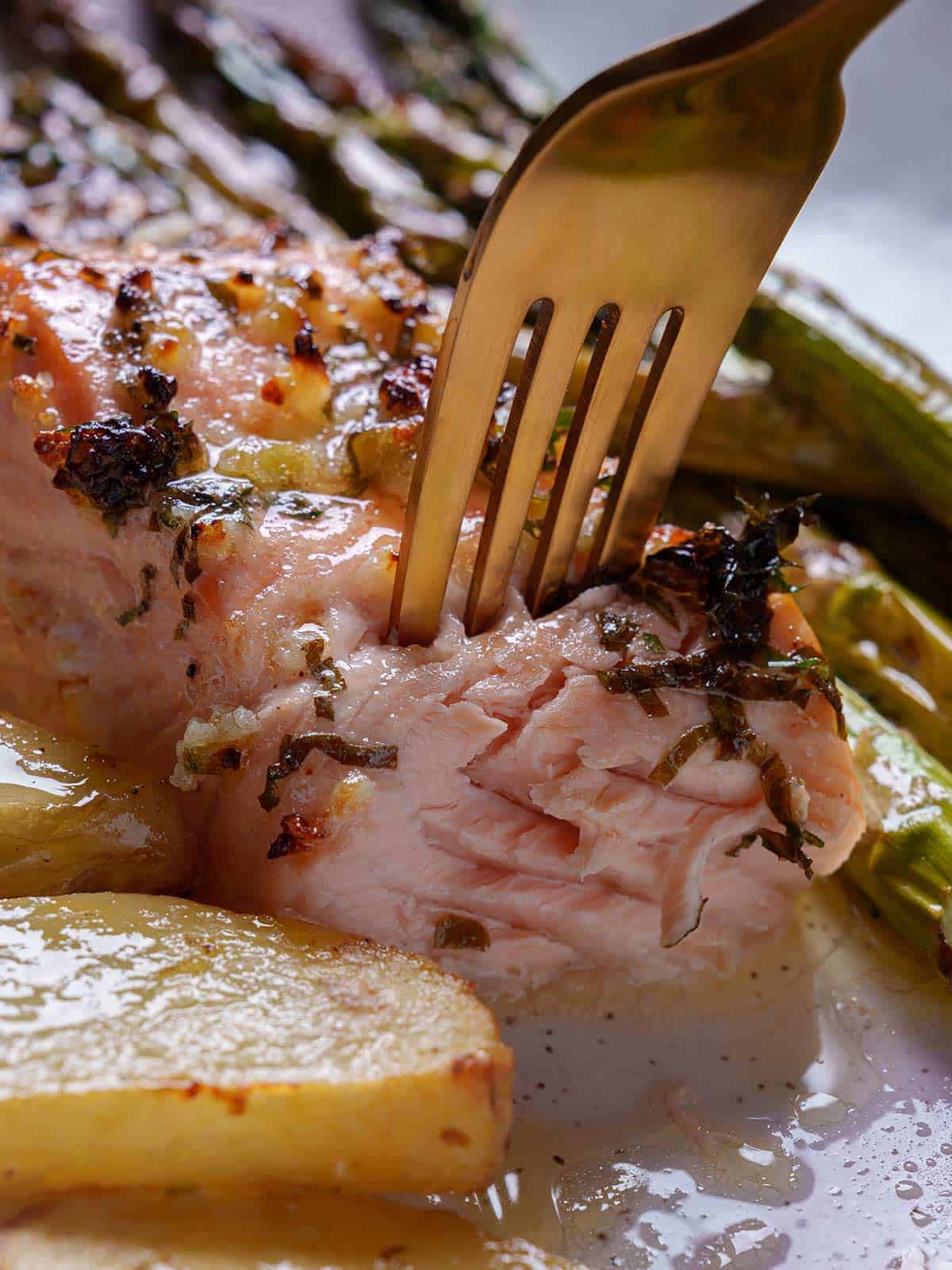 Close-up image of a tender and juicy salmon darne, complemented by asparagus and baked potatoes.