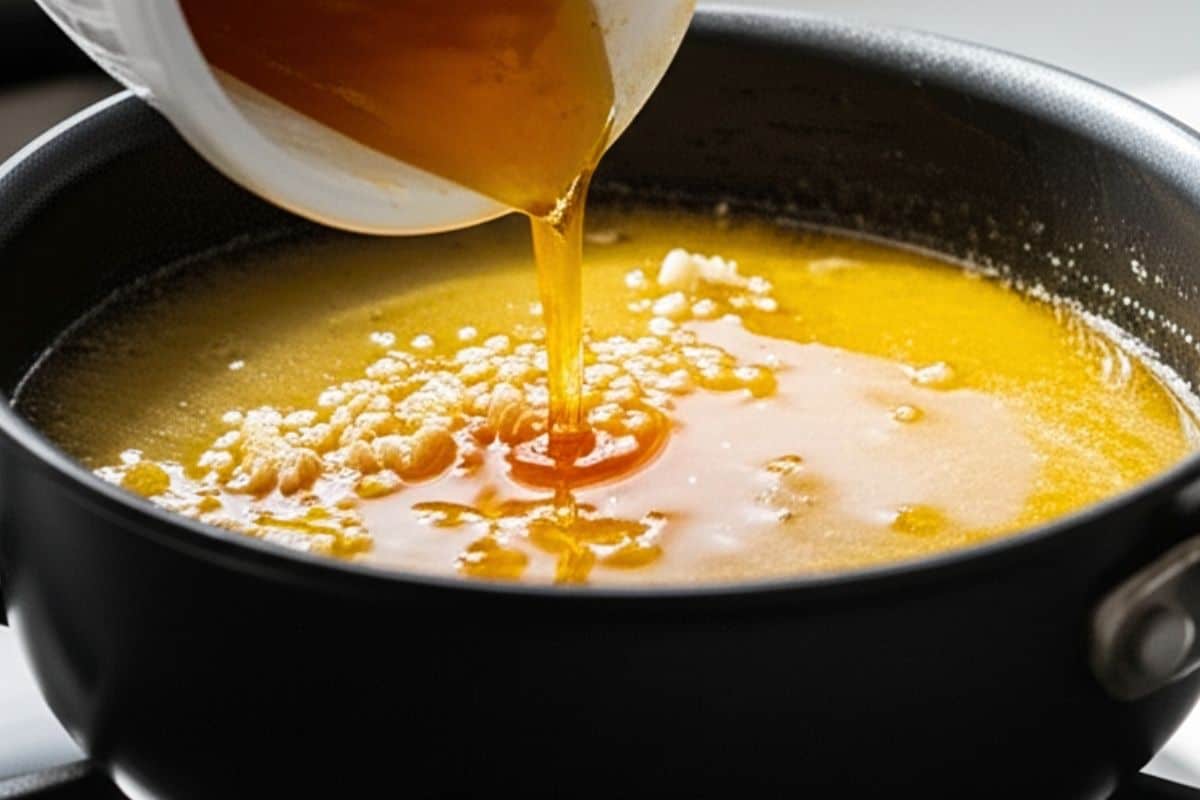 Add honey and garlic to the pan and whisk until honey dissolves.