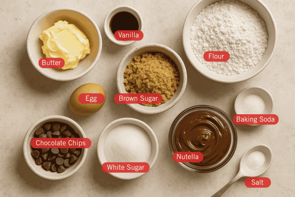 Labeled flatlay image of ingredients for a Nutella cookie pie. Bowls are arranged on a light surface and include butter, vanilla, flour, brown sugar, white sugar, Nutella, chocolate chips, baking soda, and salt. An egg is placed directly on the surface, and each ingredient is clearly labeled with red tags.