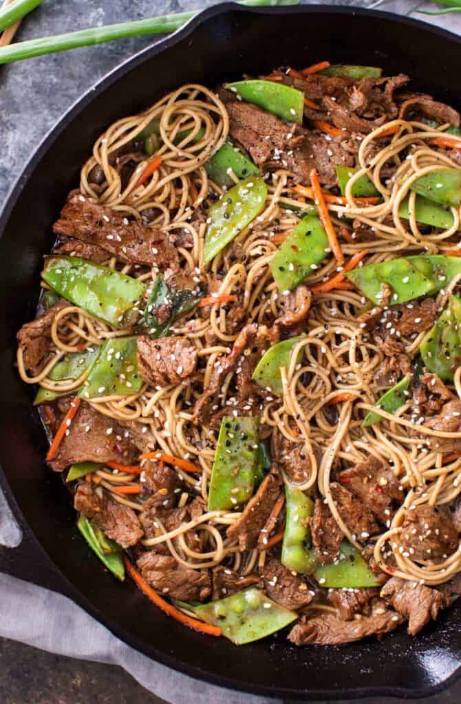 Sesame beef stir fry in skillet