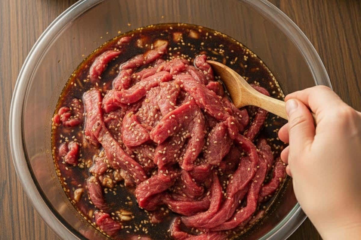 Marinating flank steaks in a bowl.