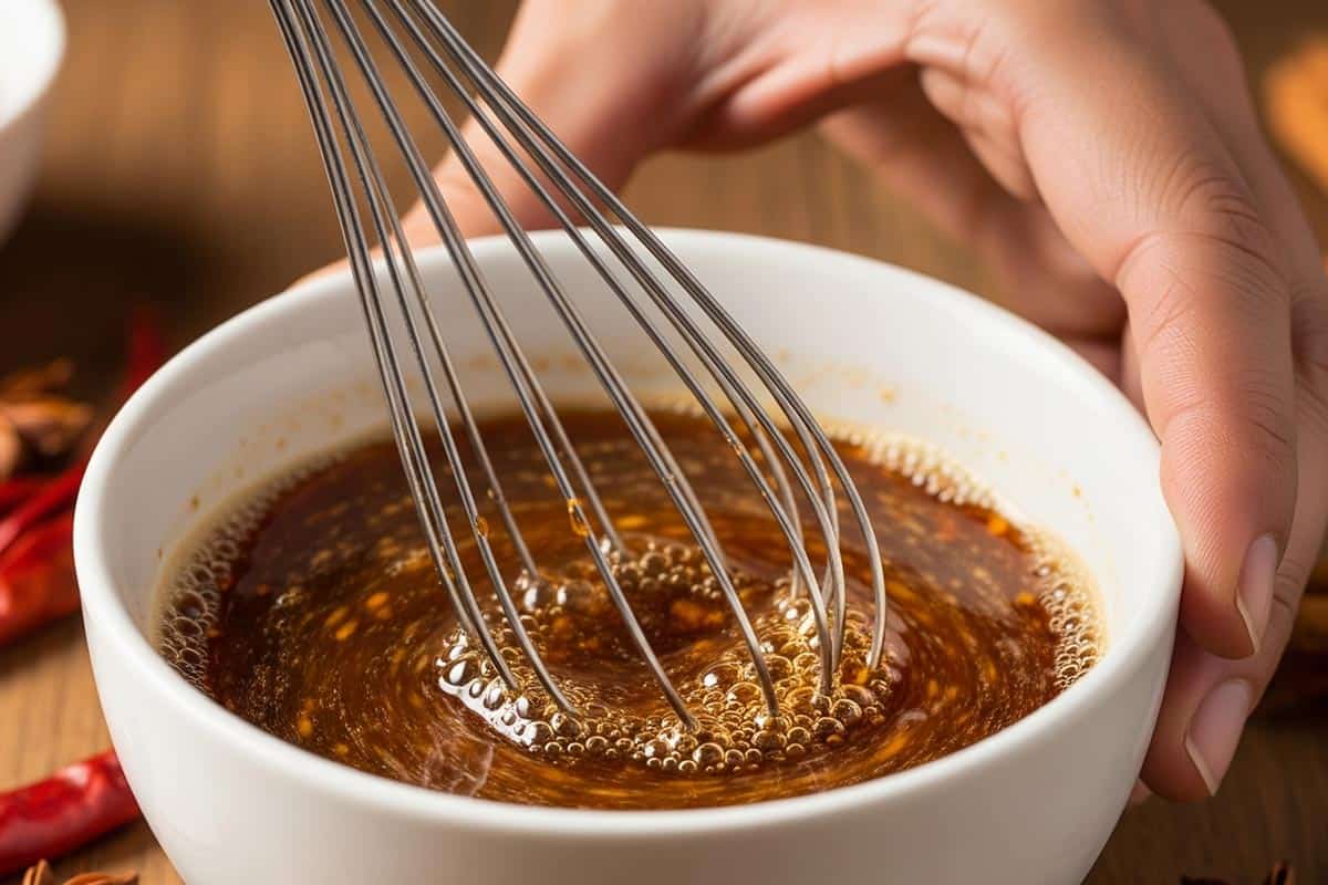 Whisking the broth, soy sauce, honey, vinegar, garlic, sesame oil, ginger, cornstarch, and red pepper in a bowl.
