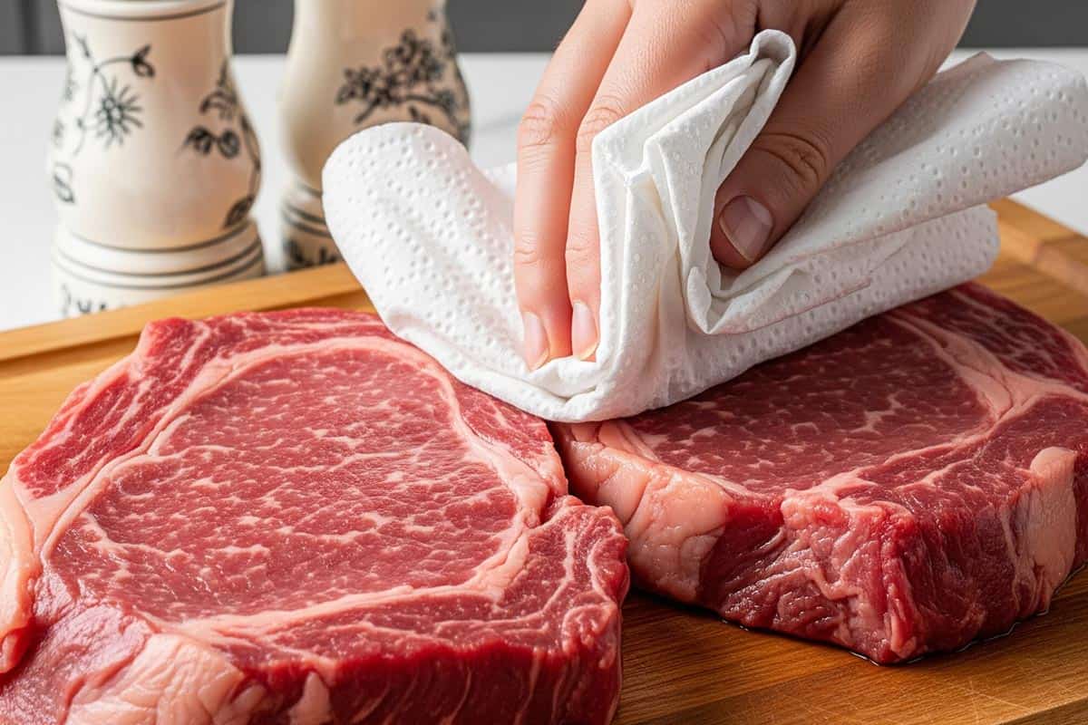 Patting the ribeye steaks dry with paper towel.
