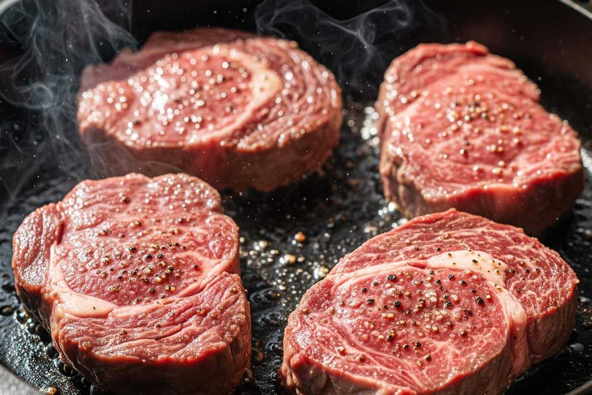 Searing steaks in a skillet.