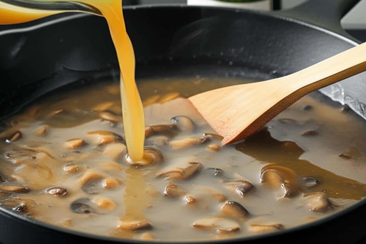 Slowly pouring in the broth to the mushroom.
