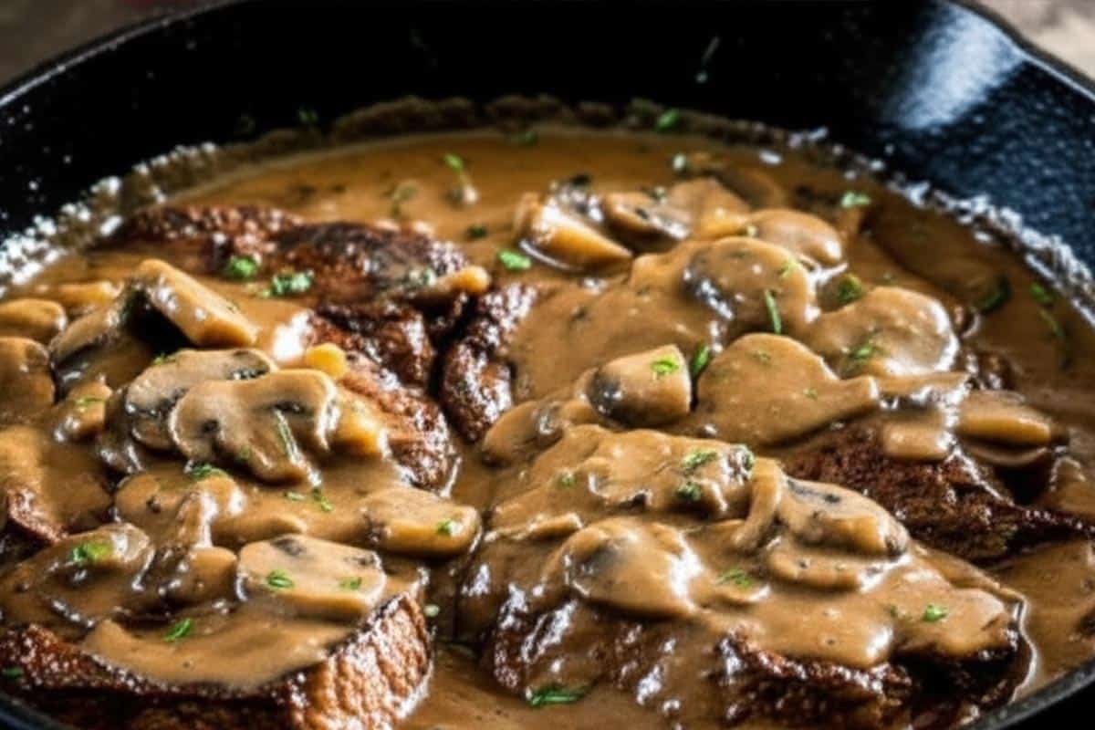 Steaks with mushroom gravy over the top.