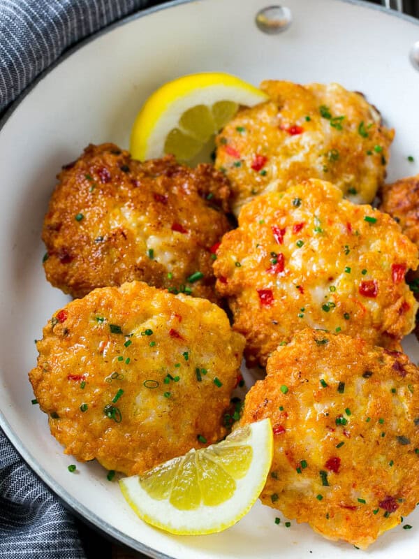 These easy shrimp cakes are loaded with veggies and herbs and pan seared to golden brown perfection in a bowl