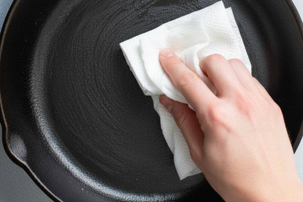 Wiping the pan clean with a paper towel. - 7