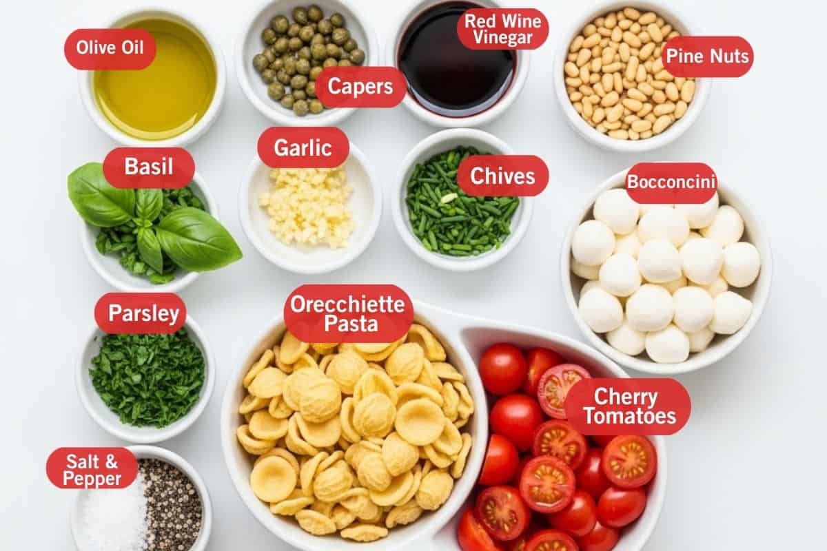 Flay lay photo of ingredient shot of olive oil, capers, red wine vinegar, pine nuts, basil, garlic, chives, bocconcini, parsley, orecchiette pasta, cherry tomatoes, salt and pepper