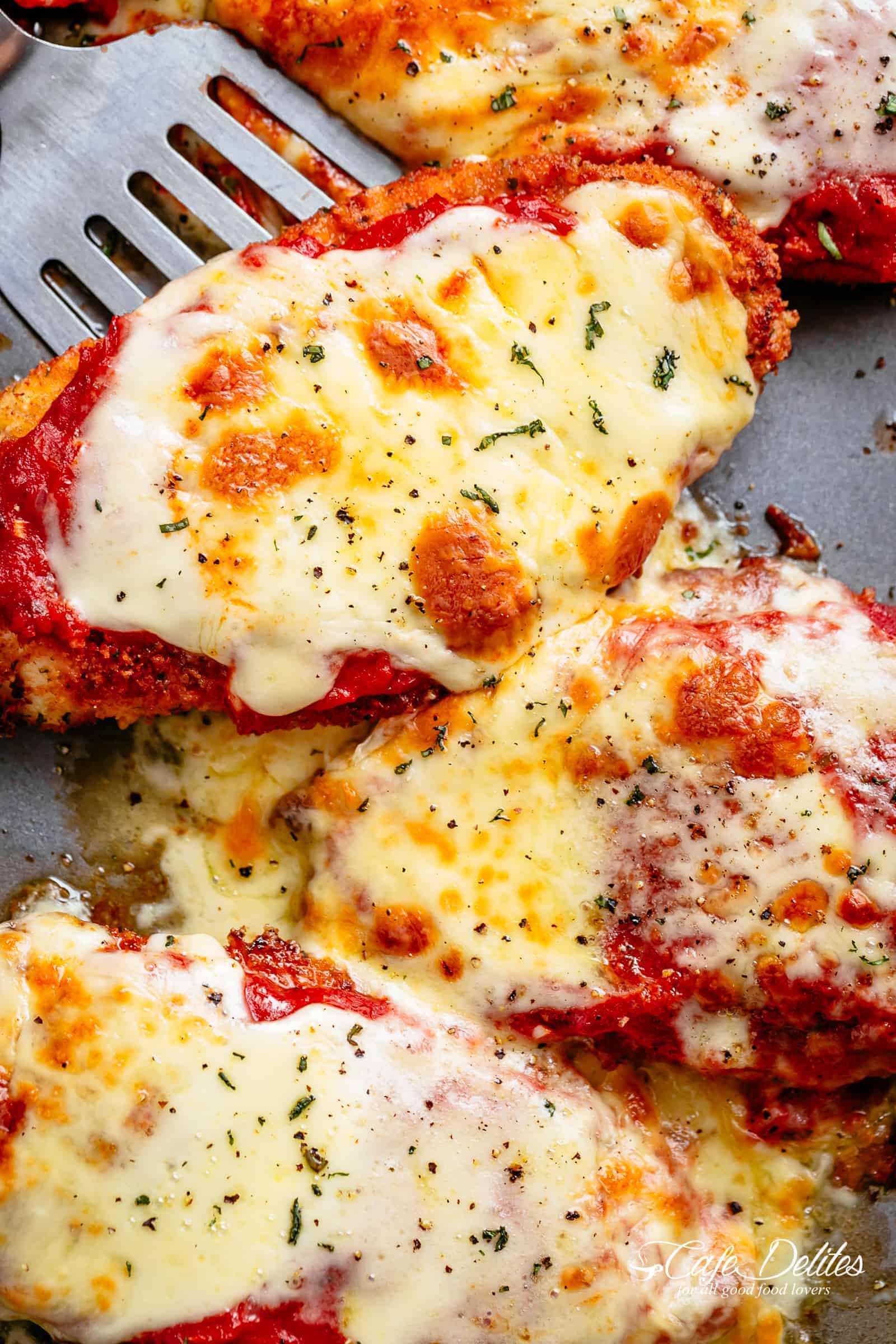 The Best Chicken Parmesan with a deliciously crispy breadcrumb coating!  Showing three full chicken parmesan fillets on a baking sheet fresh, out of the oven with a silver spatula ready to serve! | cafedelites.com
