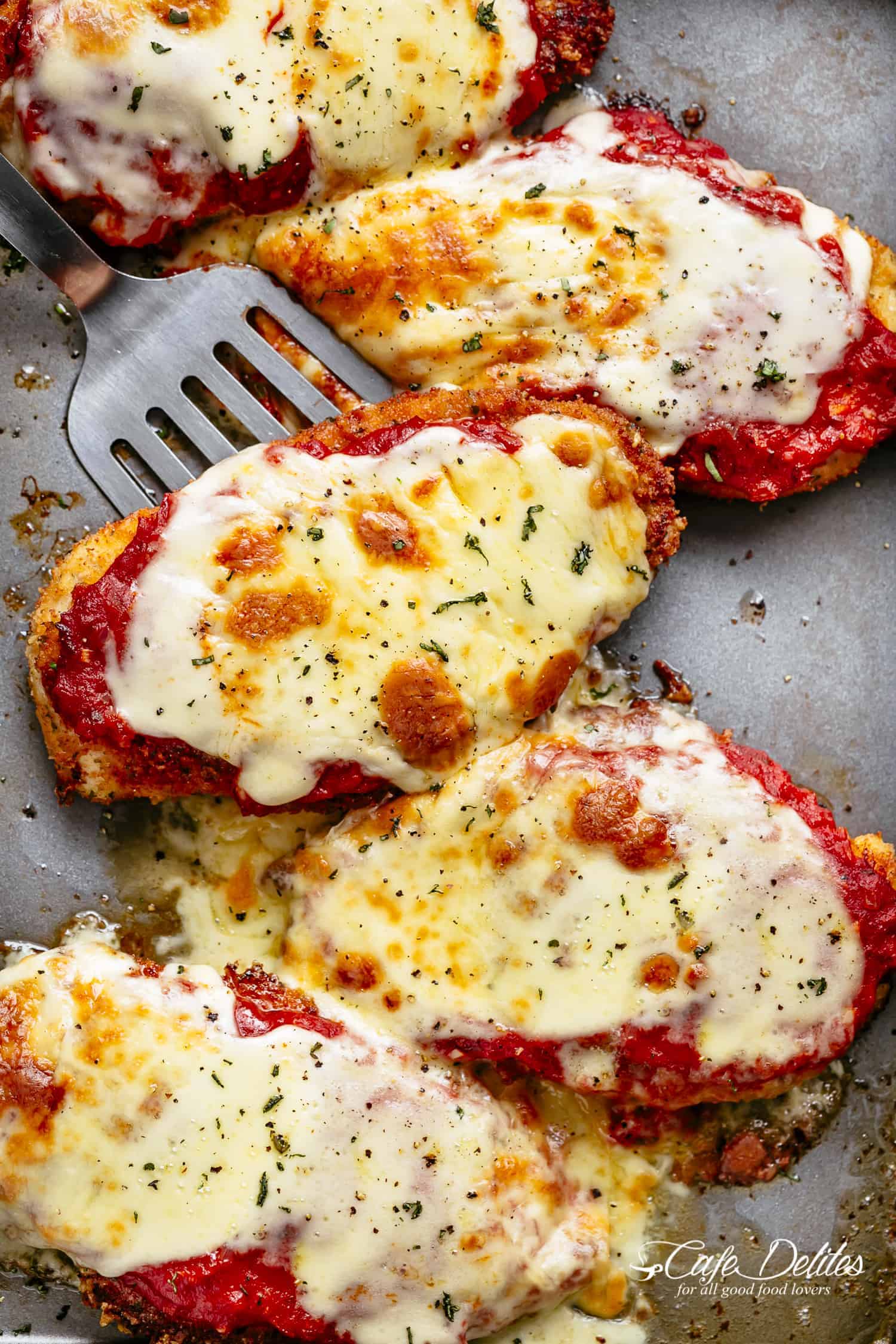 The Best Chicken Parmesan with a deliciously crispy breadcrumb coating, smothered in a rich homemade tomato sauce and melted mozzarella cheese! This is here best Chicken Parmesan you will ever make! Simple to make and worth every minute. If you love a crispy crumb coating vs soggy crumb, look no further! Five chicken parmesan on a baking sheet fresh, out of the oven with a silver spatula ready to serve! | cafedelites.com