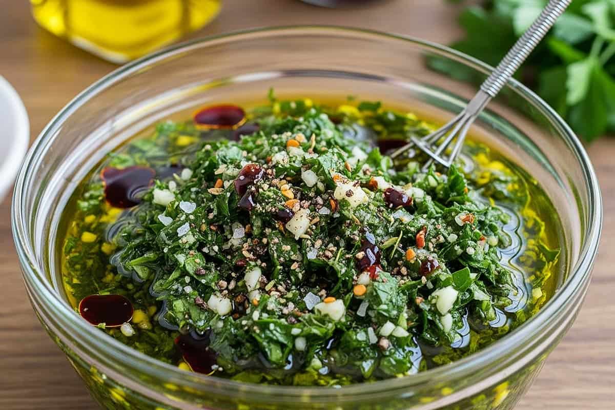 Mixed olive oil, red wine vinegar, parsley, garlic, chili, oregano, salt, and pepper in a bowl.