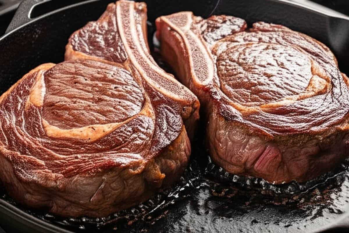 Cooking steaks in a pan.