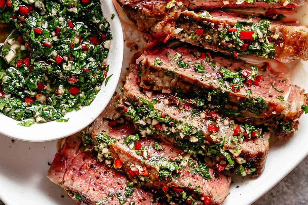 Close-up shot of Chimichurri Steak.