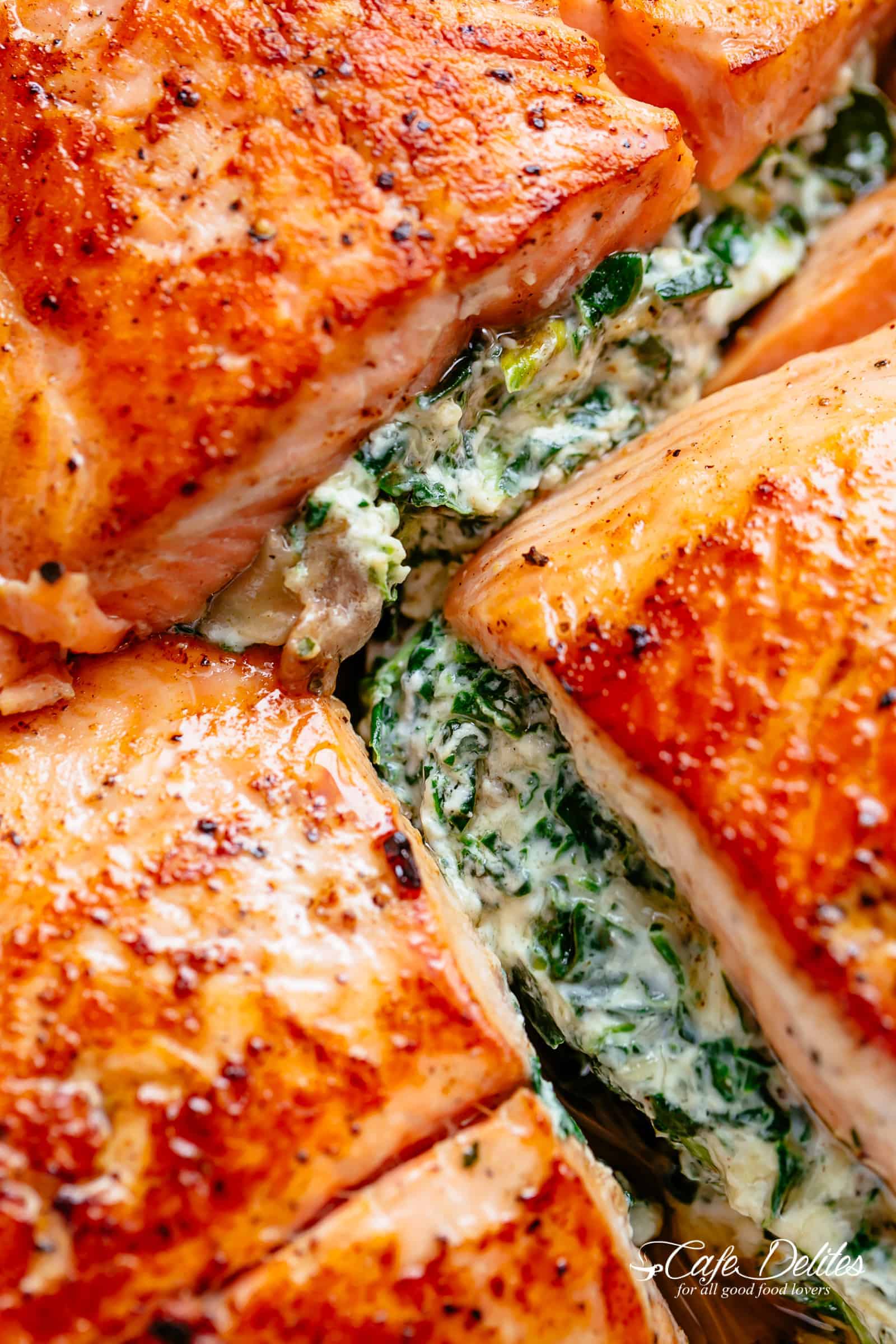 Creamy Spinach Stuffed Salmon in Garlic Butter - Cafe Delites
