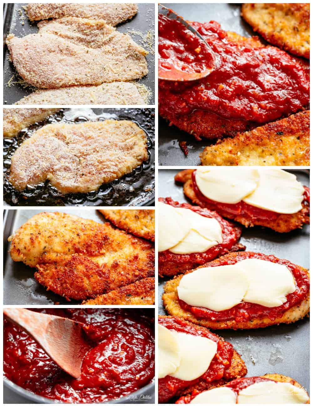 Chicken breasts being coated, cooked in oil and topped with tomato sauce and cheese. 