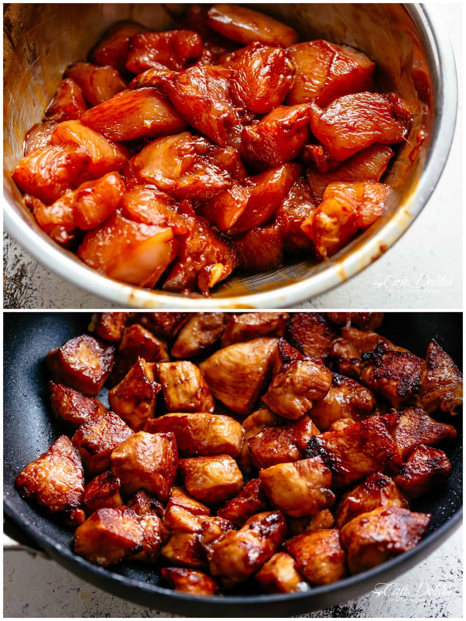 Two images: First image is raw chicken pieces marinating in a Kung Pan sauce. The second image is those same pieces cooked in a pan. 