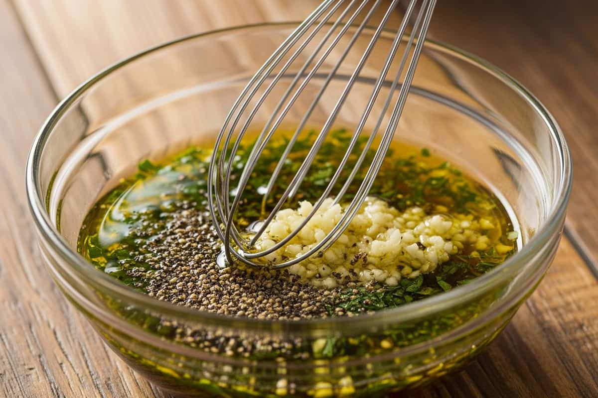 Olive oil, lemon juice, red wine vinegar, parsley, oregano, garlic, salt, and cracked pepper in a small bowl.