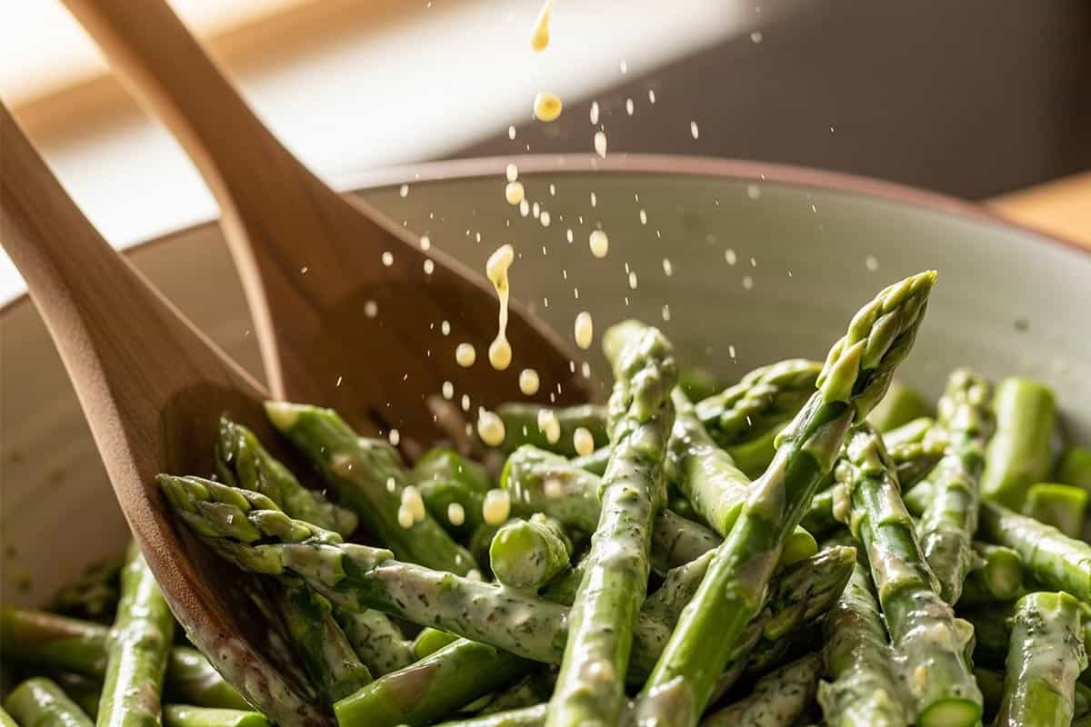 Pouring half of the dressing over the spears.