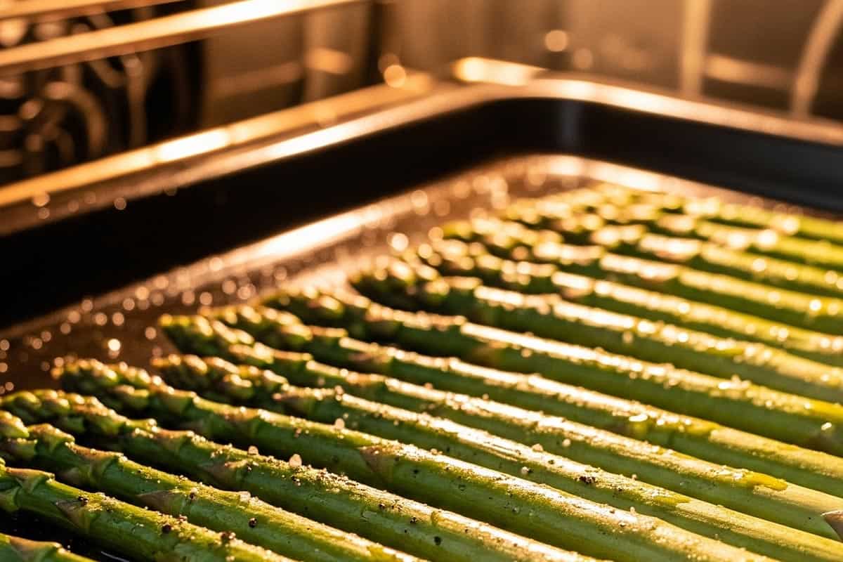 Asparagus on a baking sheet.