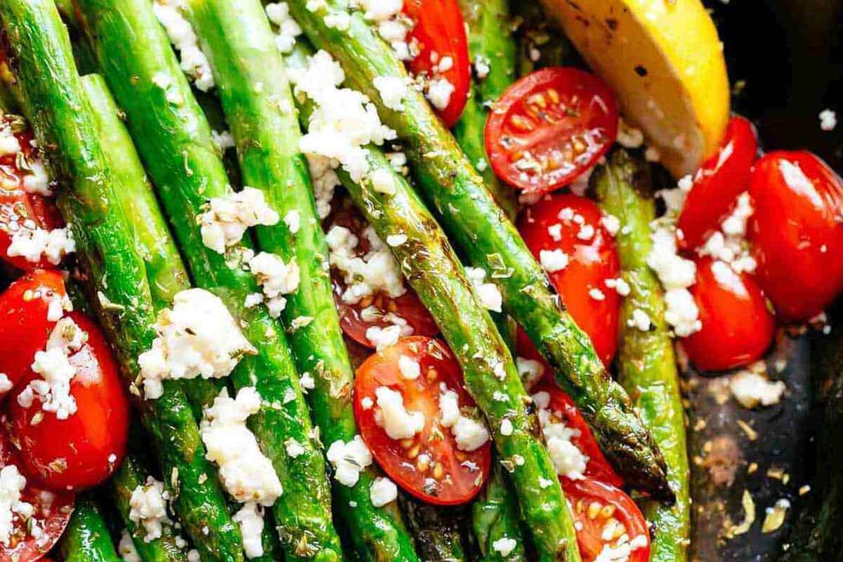 Close-up shot of Lemon Garlic Asparagus.