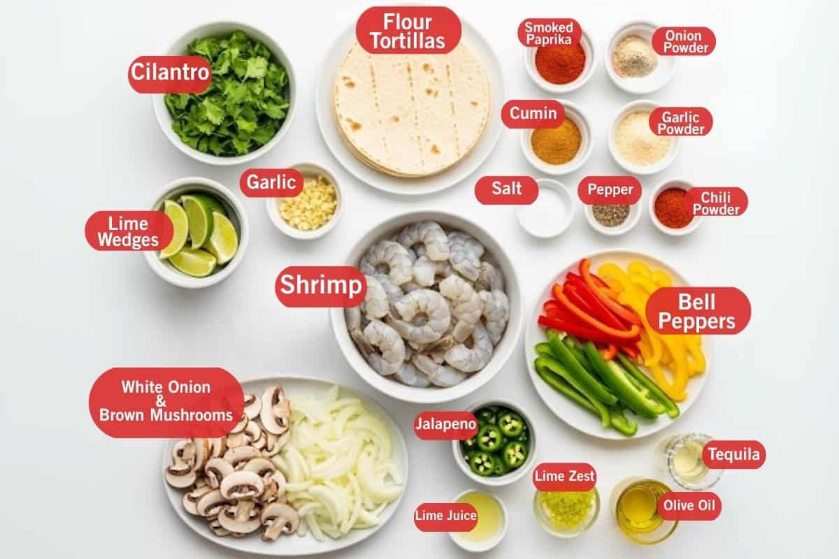 Flat lay of ingredient shot of cilantro, flour tortillas, smoked paprika, onion powder, garlic powder, cumin, salt and pepper, chili powder, bell peppers, tequila, olive oil, lime zest,lime juice, jalapeño, white onion, brown mushroom, lime wedges, shrimp and garlic - 2