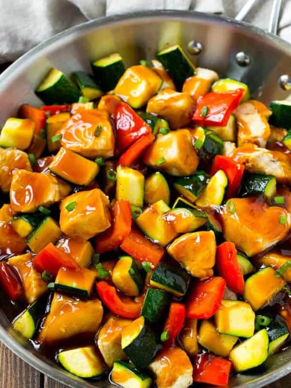 This honey soy chicken and vegetables is chunks of chicken and colorful veggies, all topped off with a sweet and savory sauce