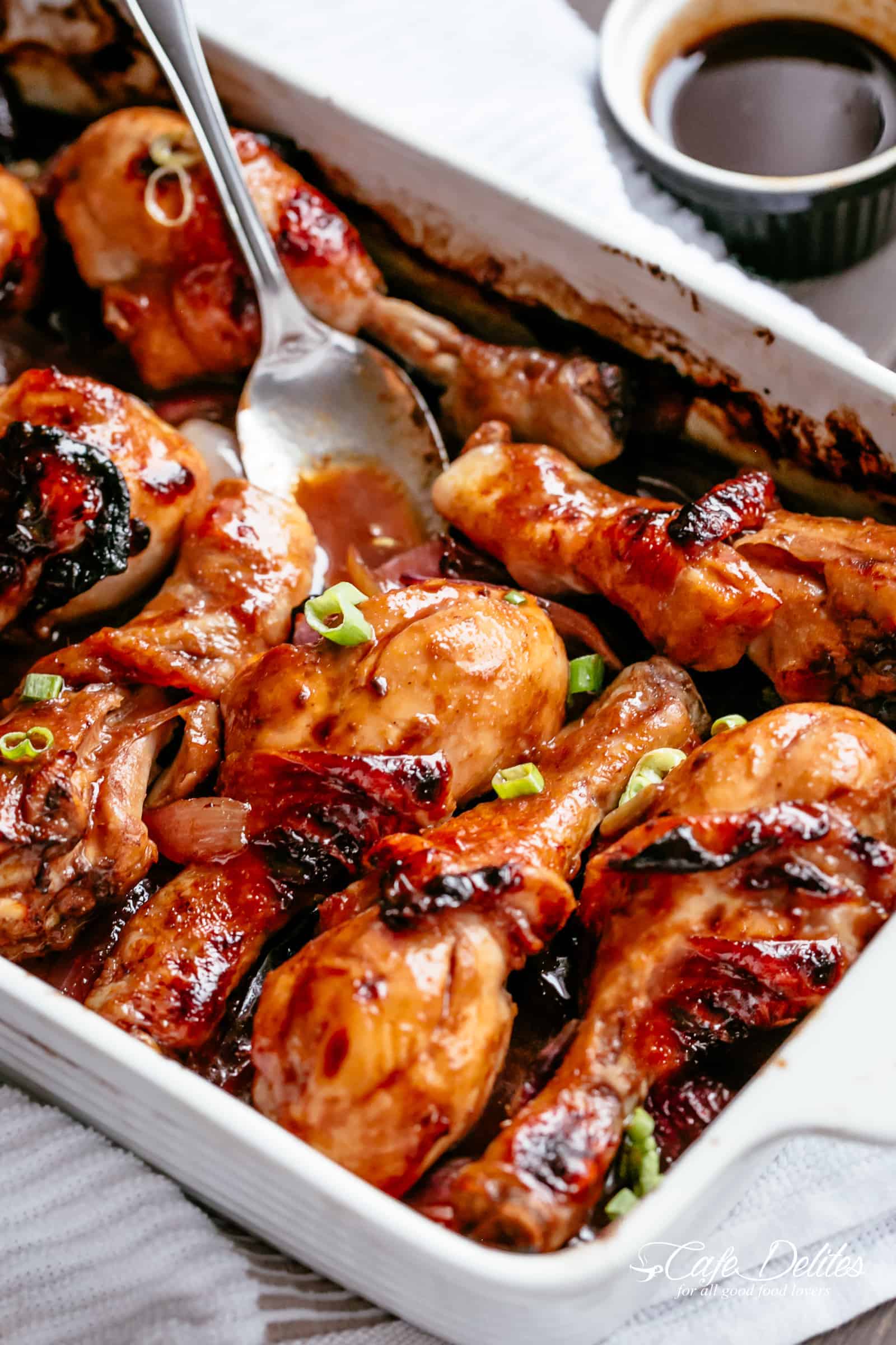 Oven Baked Barbecue Soy Chicken Drumsticks are so quick & simple to make! Baked in a 3 ingredient sauce packed with so much flavour, this chicken is a hit! Ready and on the table in minutes! NO MARINATING | https://cafedelites.com