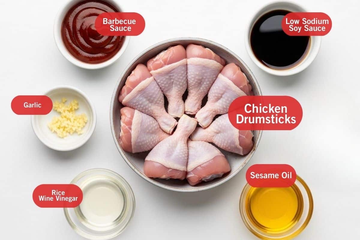 Flat lay photo of ingredient shot of barbecue sauce, low sodium soy sauce, chicken drumsticks, sesame oil, rice wine vinegar, garlic