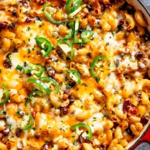 Chili Mac and Cheese with beans in a bowl
