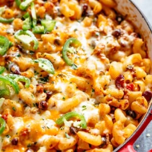 Chili Mac and Cheese with beans in a bowl