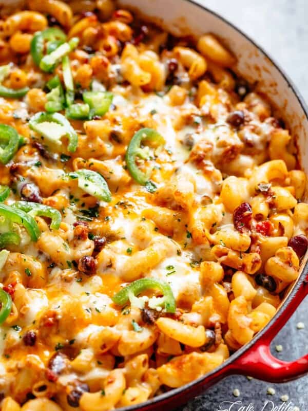 Chili Mac and Cheese with beans in a bowl