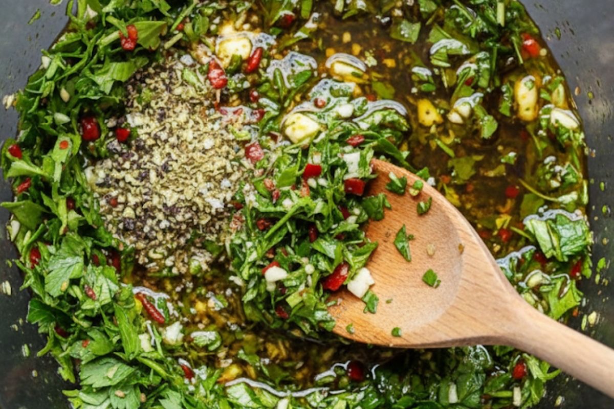 In a medium bowl, combine olive oil, red wine vinegar, parsley, garlic, chili, oregano, salt, and pepper. Stir well until everything is evenly mixed.