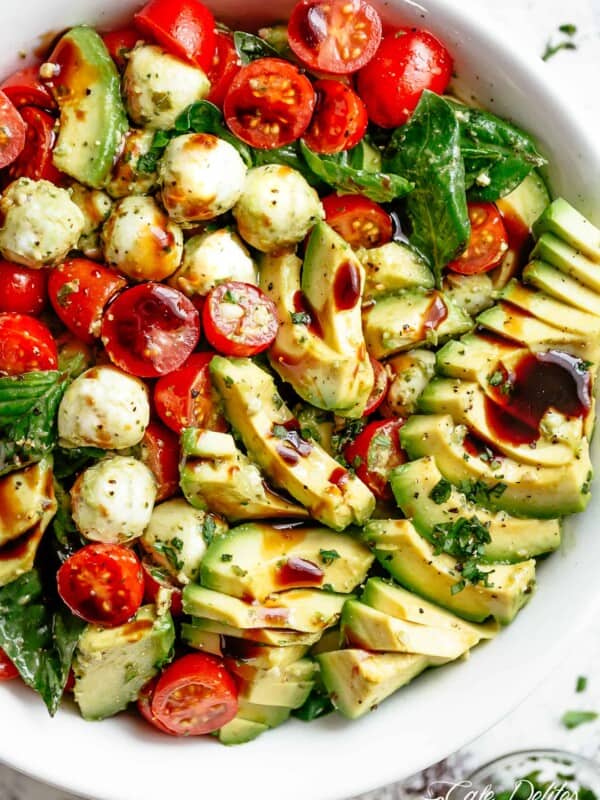 Avocado Caprese Salad in a bowl