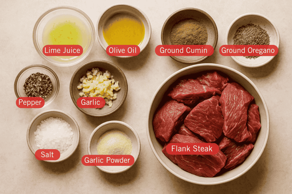 A flatlay photo of labeled carne asada ingredients on a light beige surface. At the center right is a bowl of raw flank steak slices. Surrounding it are small bowls containing lime juice, olive oil, ground cumin, ground oregano, minced garlic, garlic powder, salt, and cracked black pepper.