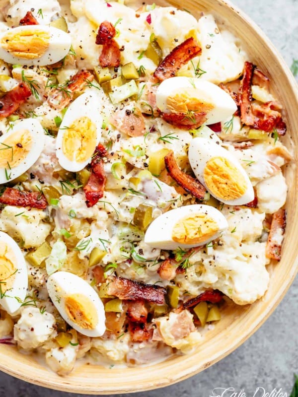 Potato Salad with Bacon, Dill Pickles, Eggs, HALF the carbs AND a creamy mayo/sour cream dressing in a bowl