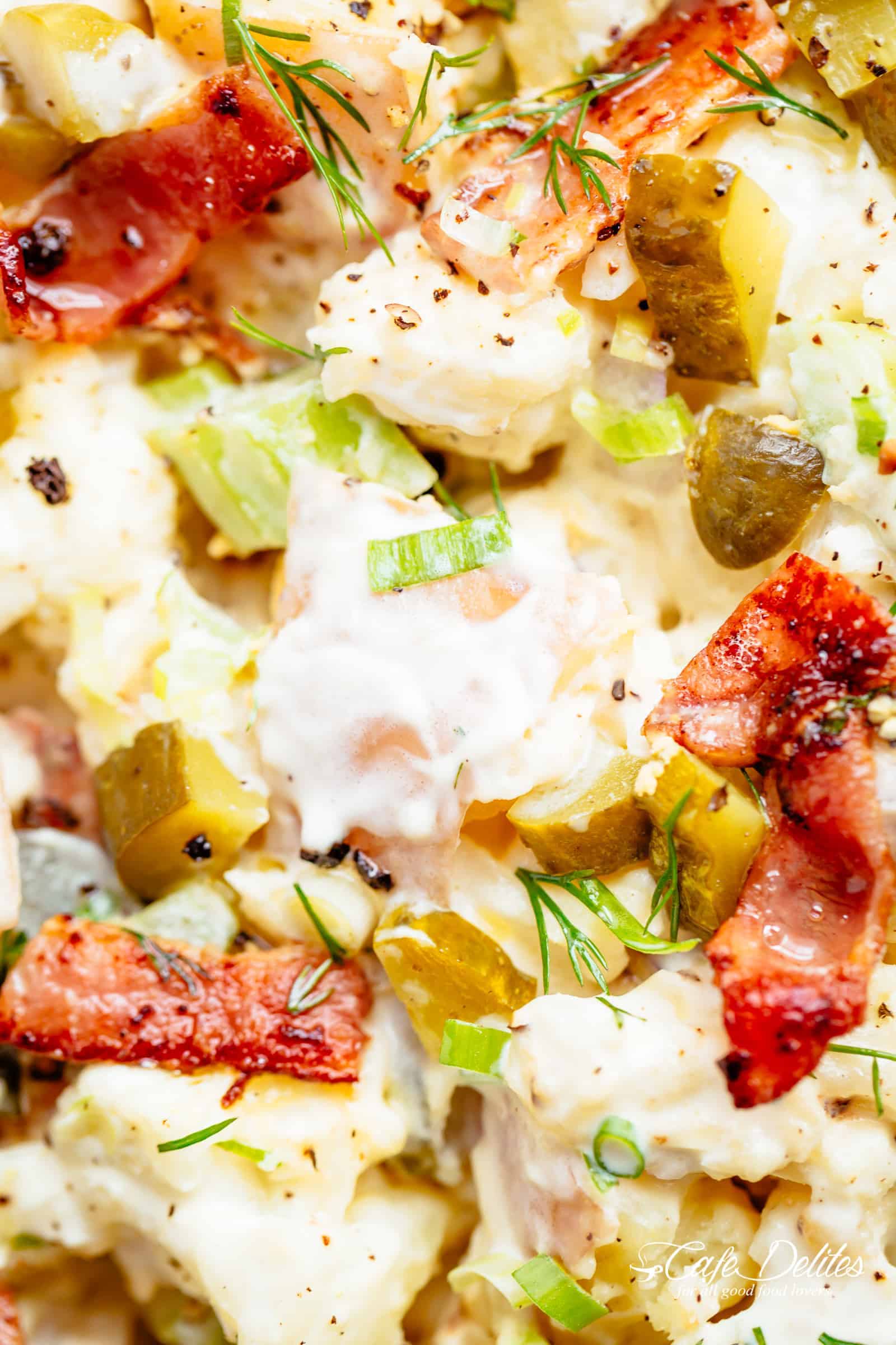 Potato Salad with Bacon, Eggs AND a creamy mayo/sour cream dressing! | cafedelites.com