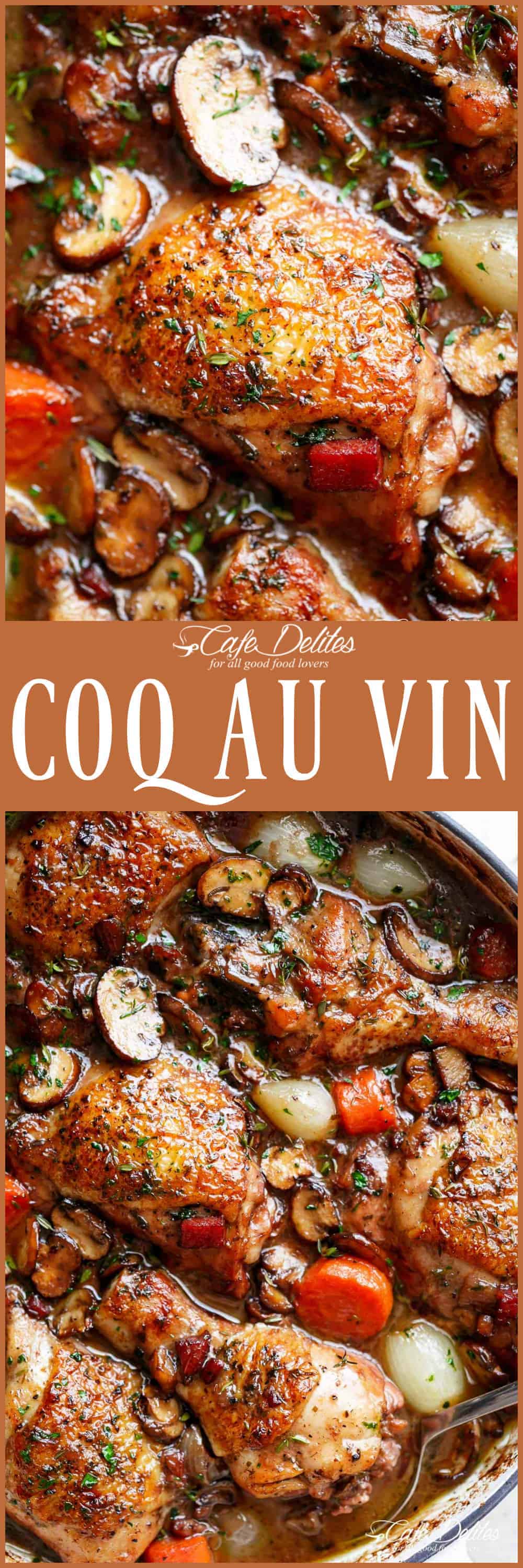 Coq Au Vin, or chicken in wine, is a popular classic French dish made easy in one pan! With crispy chicken drumsticks, chicken thighs and bacon, this Coq au vin gets everybody talking! Serve with creamy mashed potato or cauliflower smothered with butter, and the most delicious chicken dinner is ready on the table! | cafedelites.com