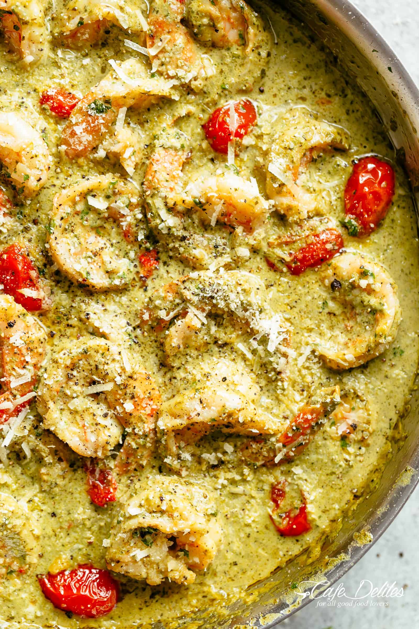 Creamy Pesto Shrimp Alfredo with parmesan cheese and blistered tomatoes is the shrimp reci Creamy Pesto Shrimp Alfredo