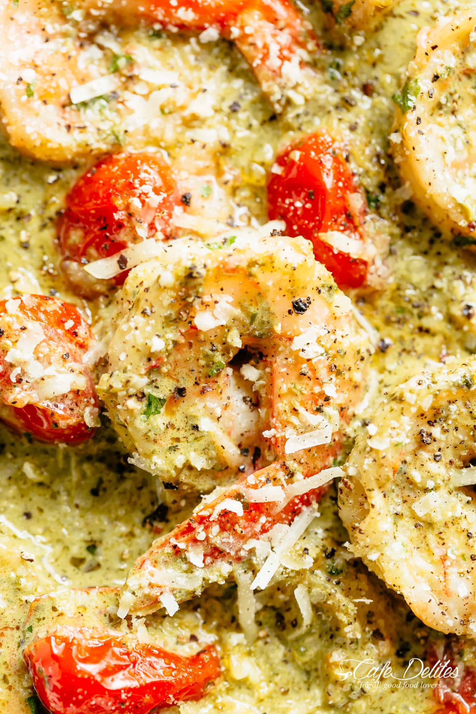 Creamy Pesto Shrimp Alfredo with parmesan cheese and blistered tomatoes is the shrimp reci Creamy Pesto Shrimp Alfredo